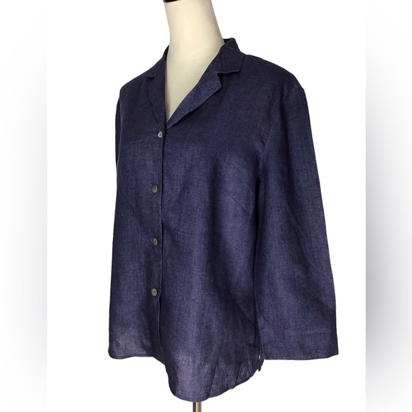 Finity Naturals Blue Linen 3/4 Sleeve Button Up Blouse Size Large NEW - Picture 4 of 6